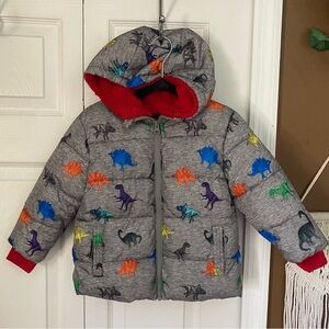 Swiss Tech Puffer Jacket Gray with Red Lining and Multicolor Dinosaur Print | 2T